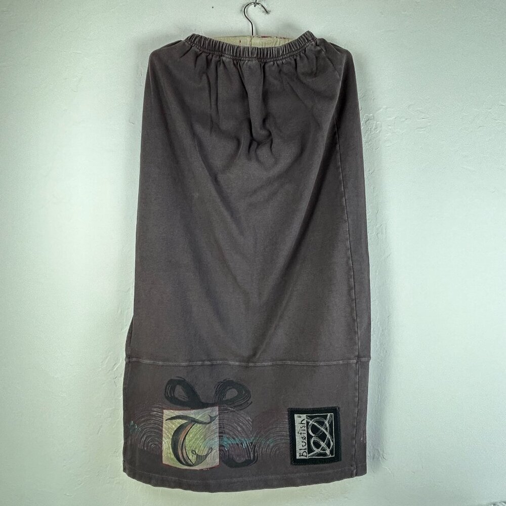 Vintage 90s Blue Fish Maxi Skirt Hand Printed Organic Cotton Dark Gray Side Slit